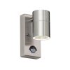 The Canon wall light is a modern, stainless steel light perfect for illuminating outdoor paths and doorways. IP44 rated and suitable for outdoor use. Shows the single lamp version with a motion sensor.
