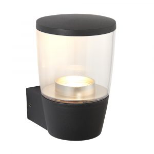 The Canillo wall light features a clean, modern design with a textured dark matt anthracite finish and clear polycarbonate shade. IP44 rated and suitable for outdoor use. Shows the fitting when switched on.
