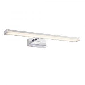 The Axis wall light features a modern design, with a sleek, long rectangular lamp in a polished chrome finish and frosted diffuser. IP44 rated and suitable for bathroom use. Comes complete with integrated 8W LED in daylight white colour. Shows the fitting when switched on.
