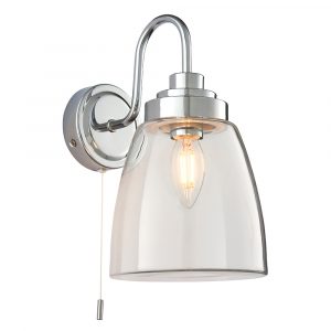 The Ashbury wall light features a traditional design with a curved, chrome arm supporting a beautiful, clear glass shade. Complete with pull cord switch. IP44 rated and suitable for bathroom use.